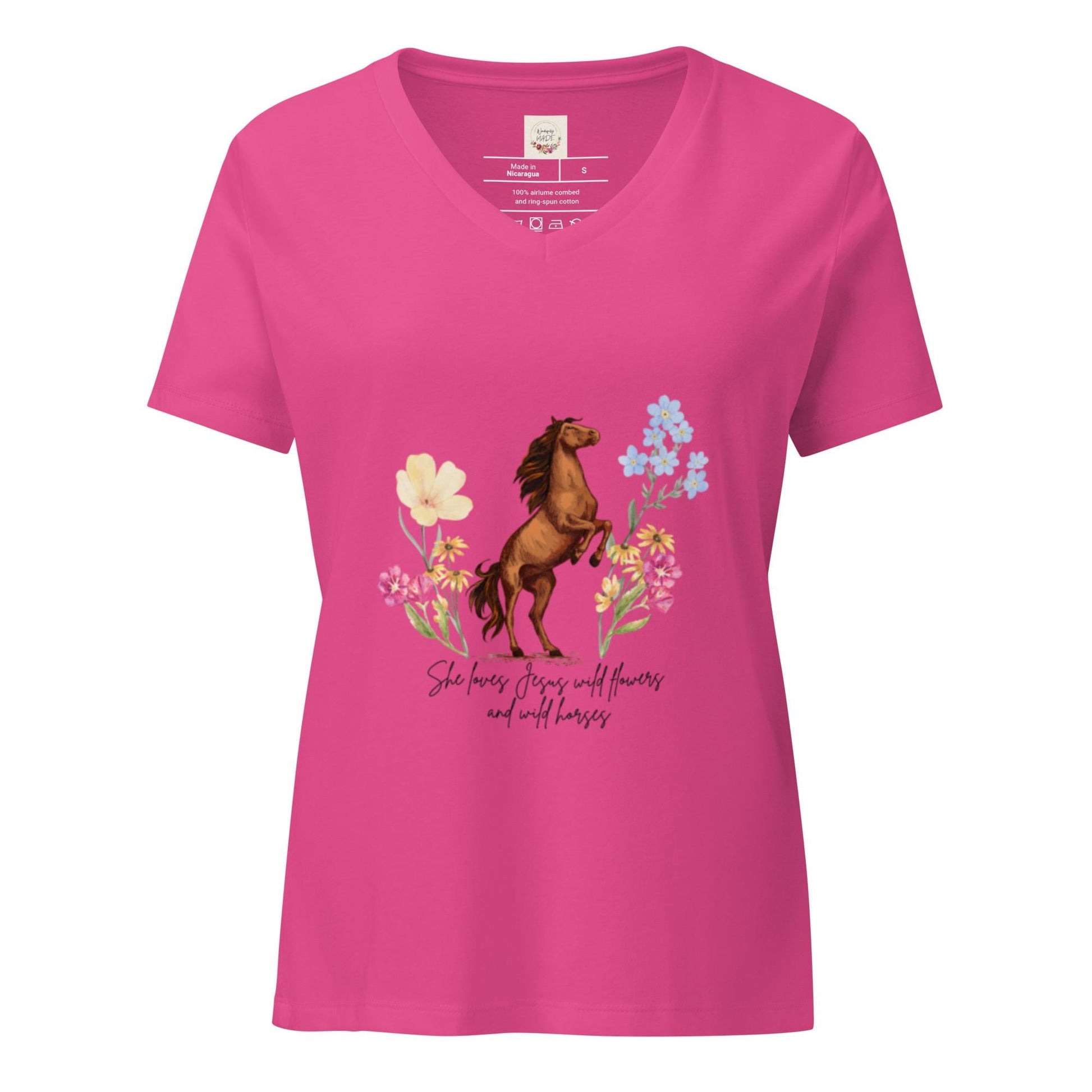 She Loves Jesus, Wildflowers & Wild Horses V-Neck T-Shirt | Christian Western Graphic Tee | Boho Faith Shirt