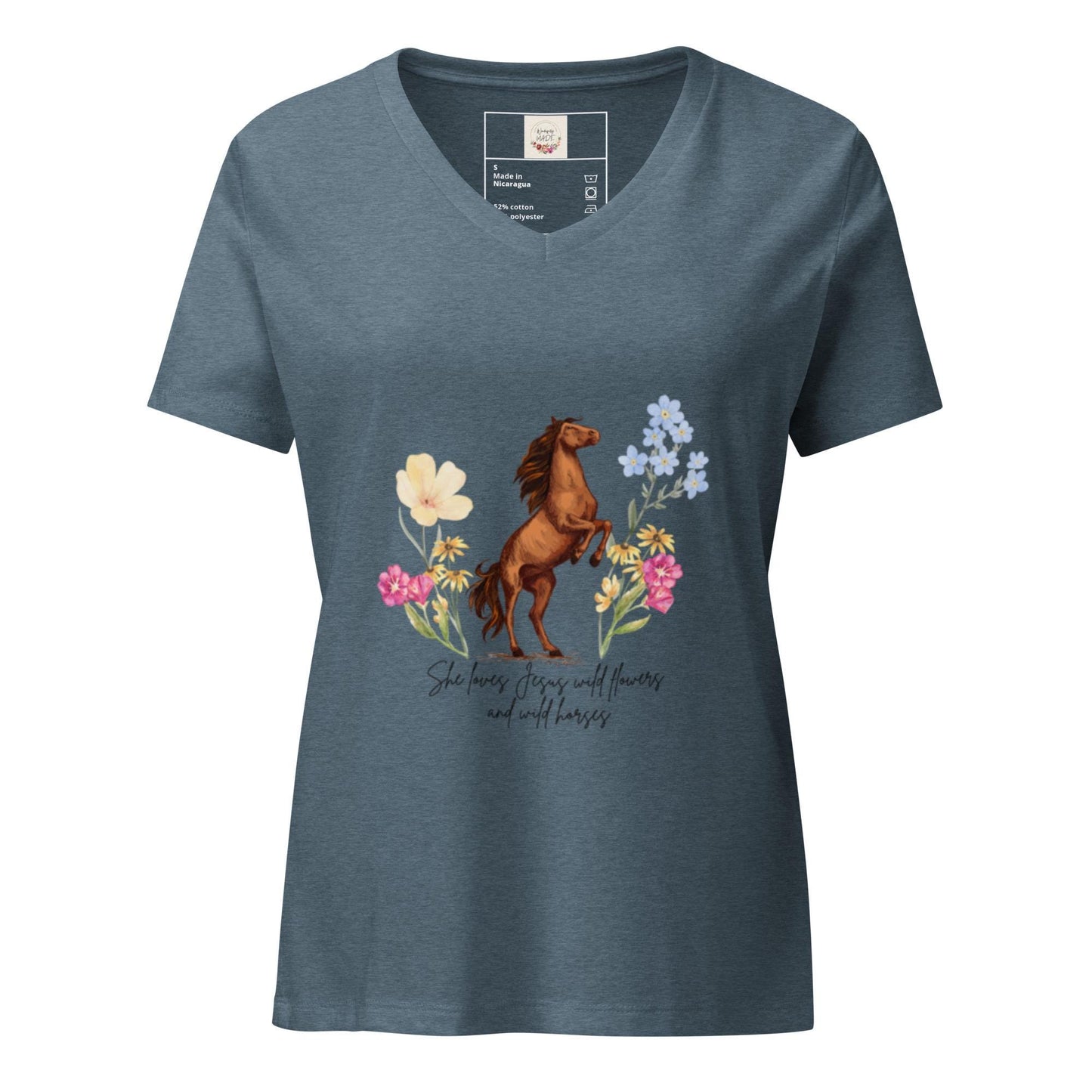She Loves Jesus, Wildflowers & Wild Horses V-Neck T-Shirt | Christian Western Graphic Tee | Boho Faith Shirt