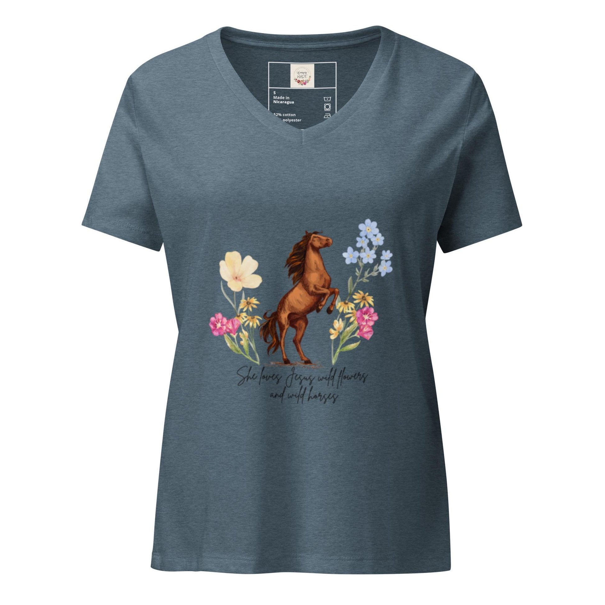 She Loves Jesus, Wildflowers & Wild Horses V-Neck T-Shirt | Christian Western Graphic Tee | Boho Faith Shirt