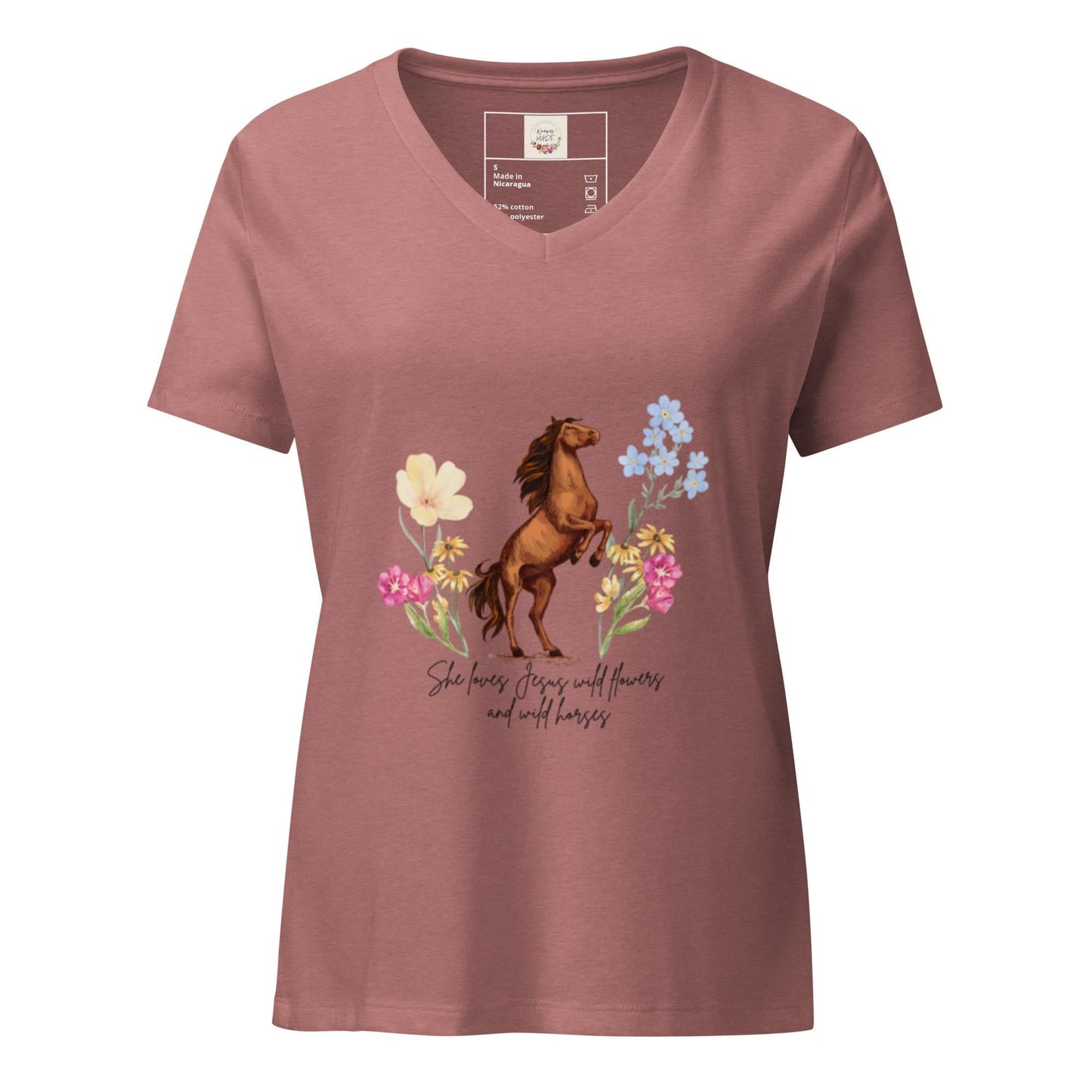 She Loves Jesus, Wildflowers & Wild Horses V-Neck T-Shirt | Christian Western Graphic Tee | Boho Faith Shirt